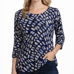 JM Collection Blue and White Patterned Top